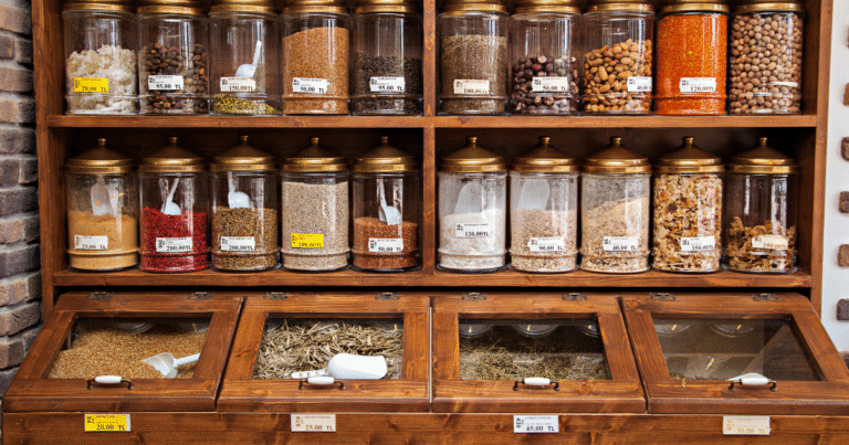 Gourmet Spices displayed in store in large glass containers