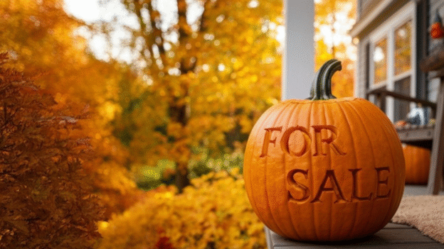 Close-up of a pumpkin on a front porch in Fall, carved with “For Sale.”