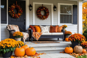 A home’s front exterior decorated for Fall with colorful mums, pumpkins, and a seasonal wreath.