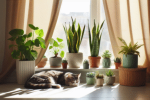 Cat sunbathing with indoor plants