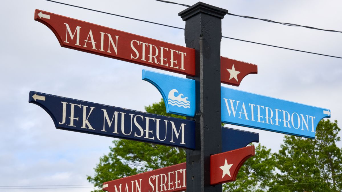 JFK Museum & Main Street sign in Hyannis, Cape Cod