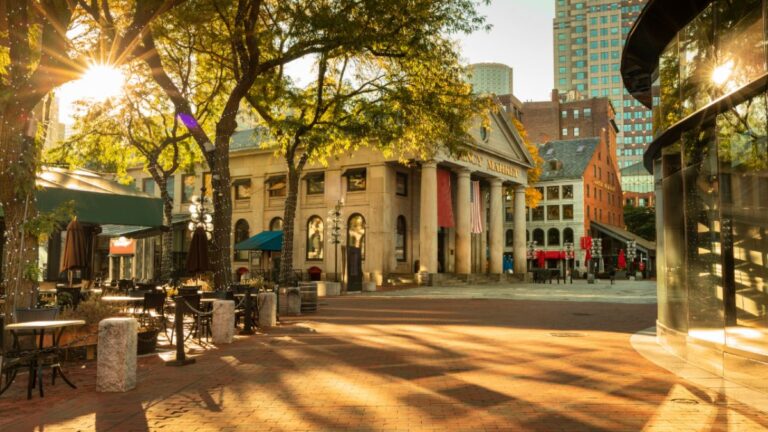 Quincy Market in Downtown Boston at sunset