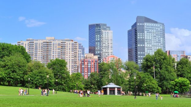 Boston Common with city skyline for things to do in Boston