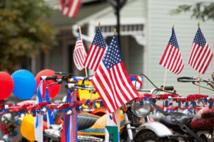 Fourth of July parade with flags and decorations