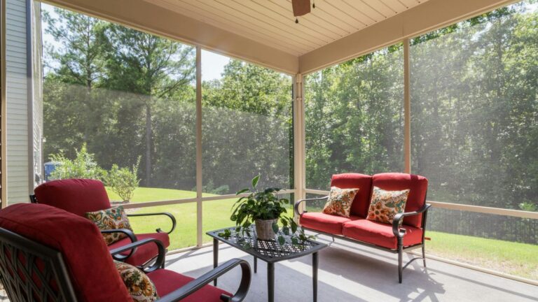 Modern patio with built in shades, cover and outdoor furniture