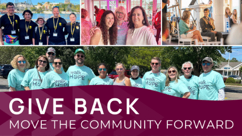 Graphic that says "Give back, move the community forward" with images from charity events with Robert Paul Properties agents and staff