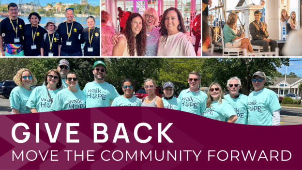 Graphic that says "Give back, move the community forward" with images from charity events with Robert Paul Properties agents and staff