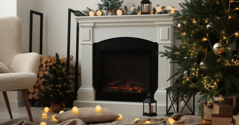Cozy fireplace in winter with winter decor