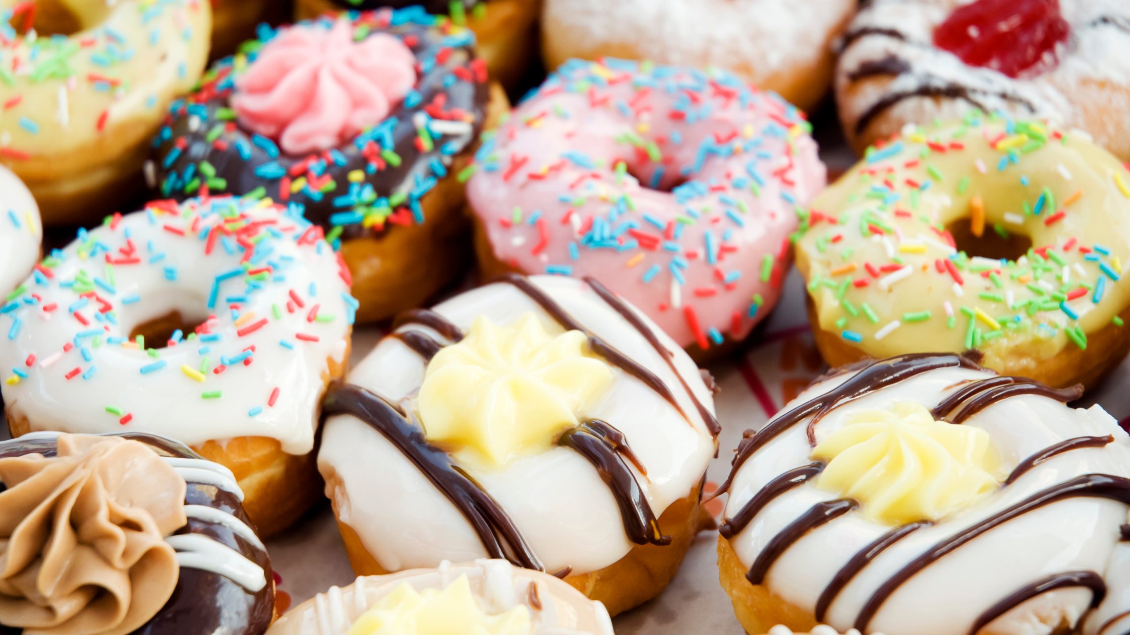 Display of gourmet, colorful donuts