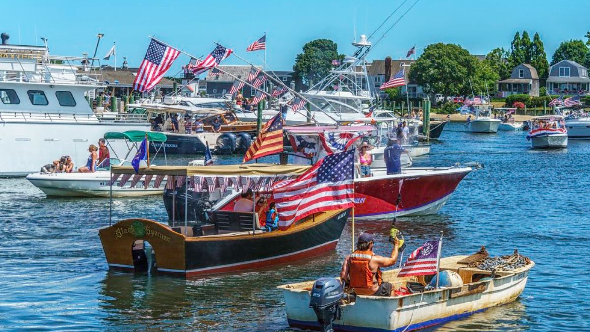 Decorated boats in Hyannis Harbor for the Fourth of July celebration