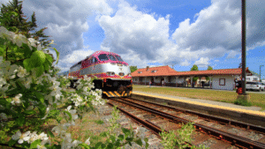 The Cape Flyer train passes Buzzards Bay train station to pick up passengers Saturday, May 18, 2013. The train was making its maiden weekend passenger service from Boston to Hyannis Memorial Day through Labor Day. (Photo by Vincent DeWitt)