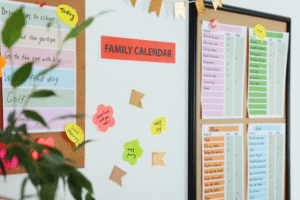 Family command center on wall in home- schedules and to do lists for each family member