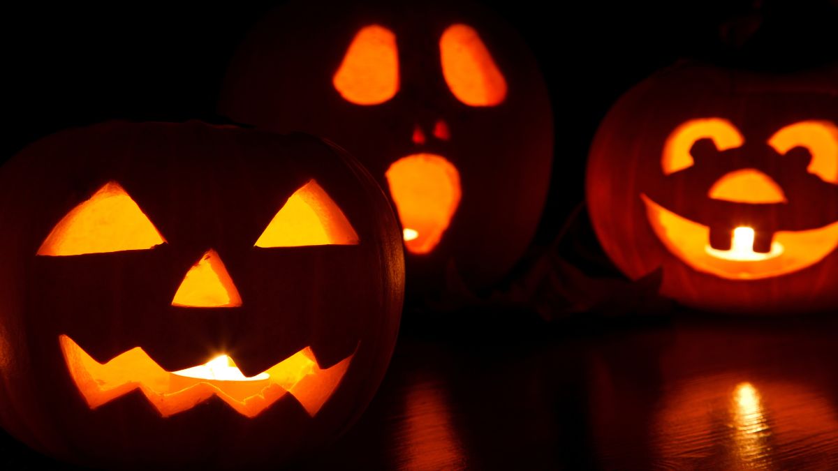 The Great Pumpkin Parade in New Bedford, Massachusetts Three glowing jack-o'-lanterns at night