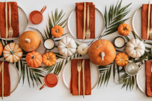 table-top decor for Thanksgiving with pumpkins, greenery and place settings