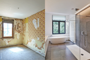 A before and after picture of an outdated bathroom side by side with the new modern updated bathroom