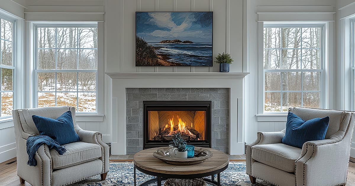 New England-style living room with a winter view, coastal artwork, and a fireplace creating a warm, inviting home setting.