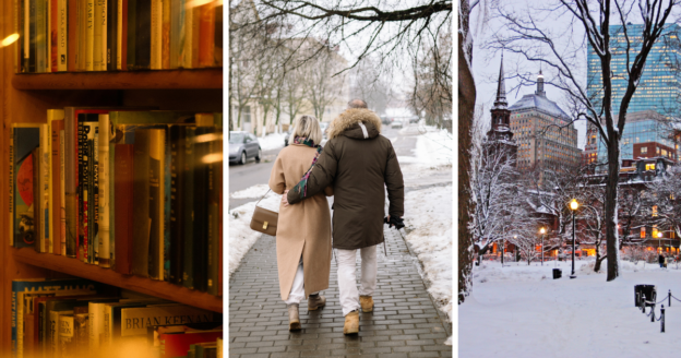 Collage of winter date night ideas from libraries to outdoor walks and museums