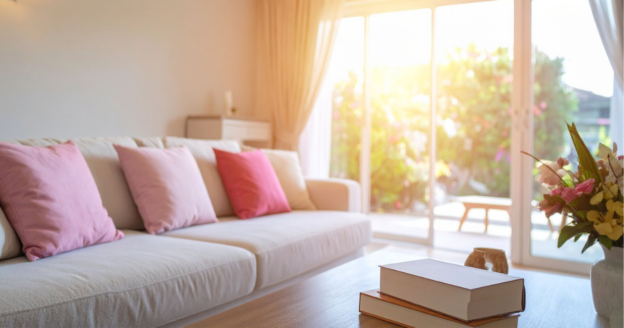 spring living room with natural light and soft seasonal décor