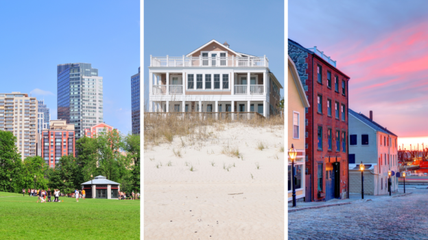 Collage of coastal MA towns- including a shot of Boston Public Garden, a Cape Cod beach house, and South coast town near the New Bedford harbor