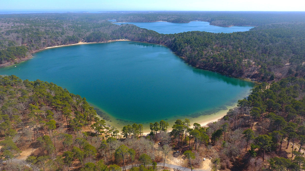 Aerial view of trails around kettle pond in Nickerson State Park, Brewster, Cape Cod, MA