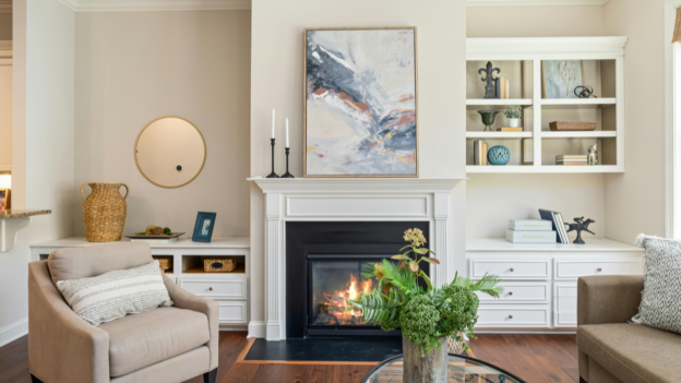 modern living room with neutral decor staged for selling a home