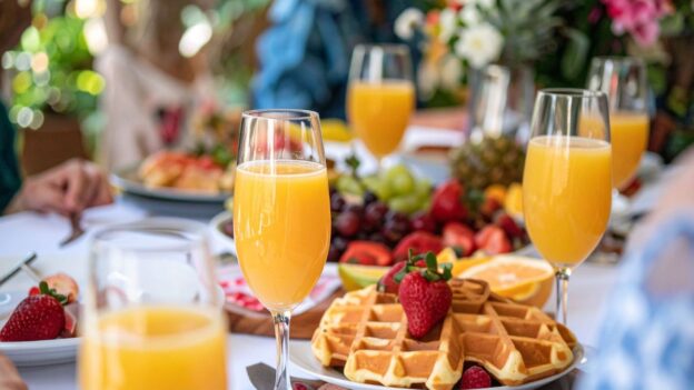 weekend brunch table with waffles, fruit and orange juice in Coastal Massachusetts