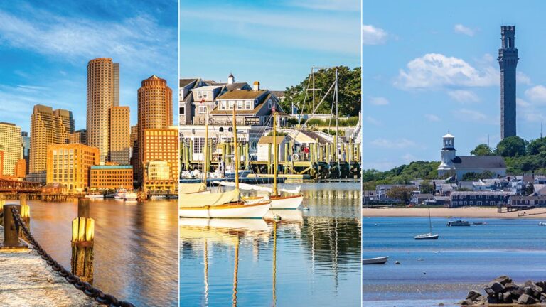 Boston waterfront, South Coast harbor, and Provincetown views representing a Massachusetts coastal bucket list