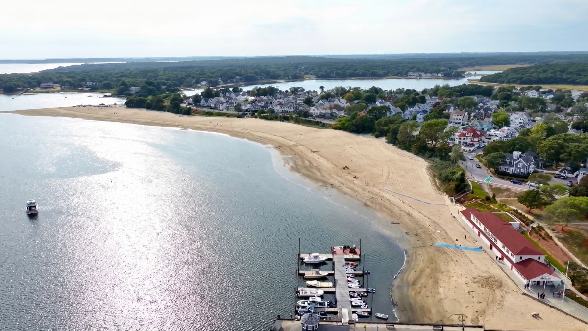 Aerial view of Onset Beach and Onset Village in Wareham, Massachusetts