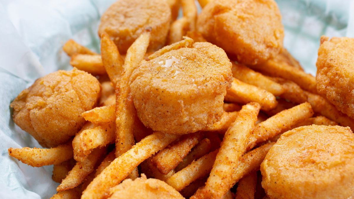 Close-up of fried scallops and french fries