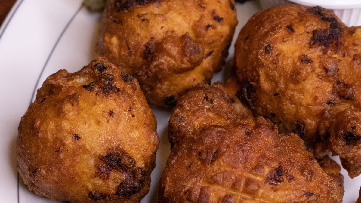 Close-up of freshly fried New England clam fritters
