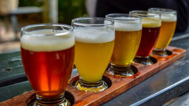 Flight of craft beers at a Massachusetts brewery