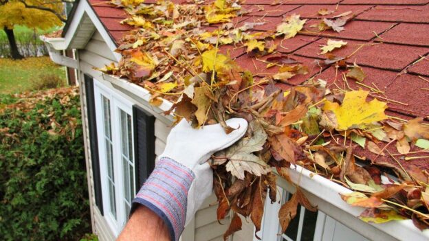 Homeowner clearing fallen autumn leaves from a roof gutter before winter
